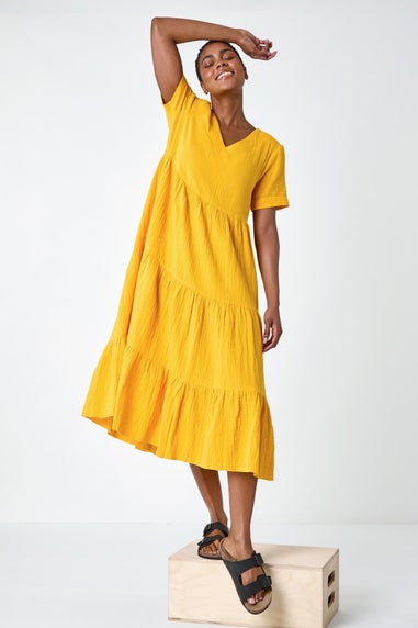 Roman Mango Cotton Textured Tiered Midi Dress