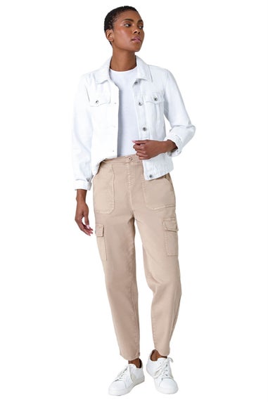 Roman Natural Casual Elastic Waist Cropped Cargo Trousers