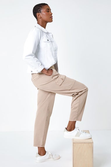 Roman Natural Casual Elastic Waist Cropped Cargo Trousers