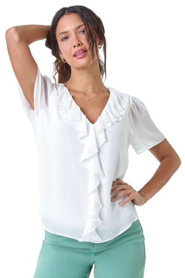 Roman Ivory Crinkle Textured V-Neck Frill Detail Top