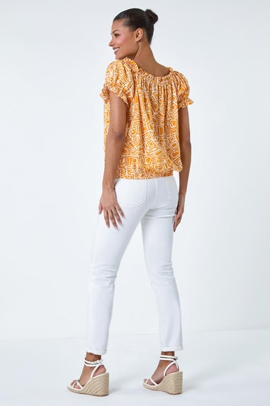 Roman Mango Geometric Print Shirred Bardot Top