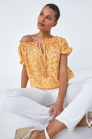 Roman Mango Geometric Print Shirred Bardot Top
