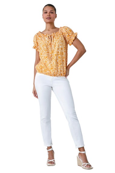 Roman Mango Geometric Print Shirred Bardot Top