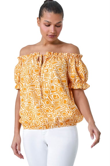 Roman Mango Geometric Print Shirred Bardot Top