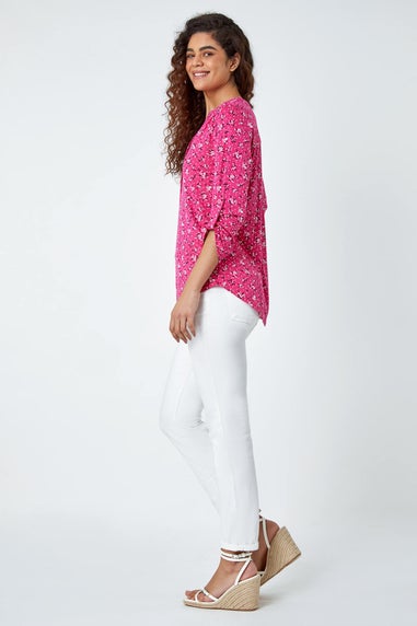 Roman Fuchsia Ditsy Floral Notch Neck Stretch Top