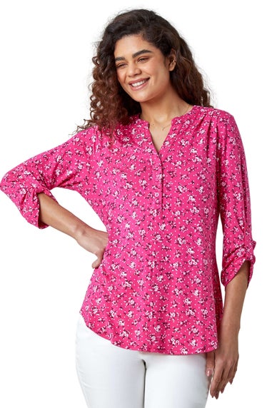 Roman Fuchsia Ditsy Floral Notch Neck Stretch Top