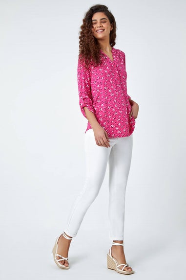 Roman Fuchsia Ditsy Floral Notch Neck Stretch Top