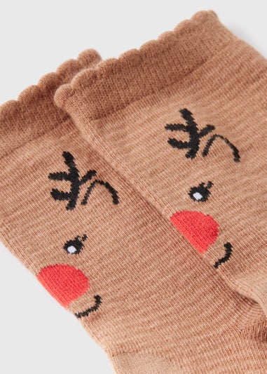 1 Pack Brown Reindeer Crew Socks