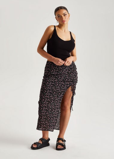 Urban Bliss Black Chiffon Floral Ruched Midi Skirt