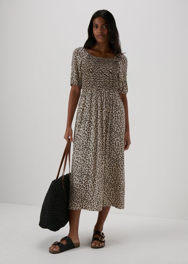 Beige Animal Print Midi Dress