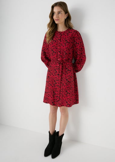 Red Floral Mini Shirt Dress