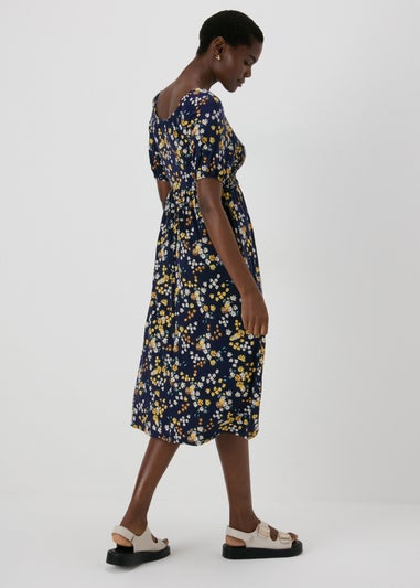 Navy Shirred Midi Dress