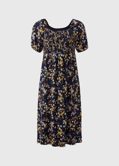 Navy Shirred Midi Dress