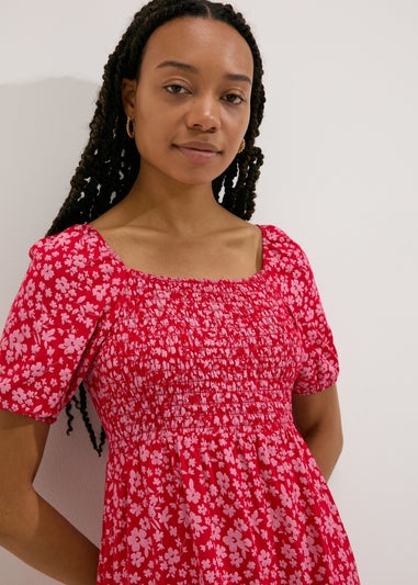 Red Floral Shirred Bodice Mini Dress