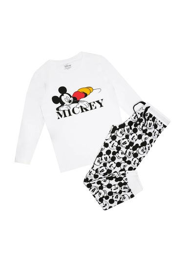 Disney White/Black Snooze Mickey Mouse Long Pyjama Set