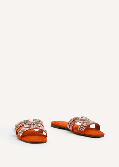 Linzi Indira Orange Suede Aztec Design Embellished Slider Sandal