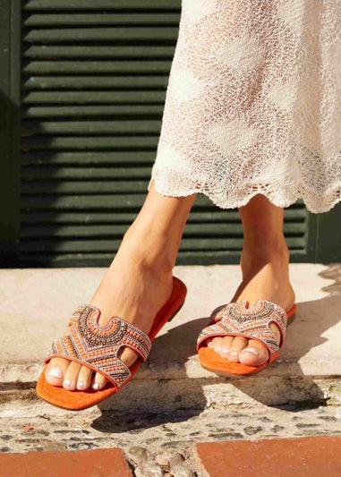 Linzi Indira Orange Suede Aztec Design Embellished Slider Sandal