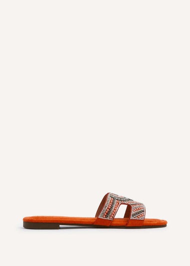 Linzi Indira Orange Suede Aztec Design Embellished Slider Sandal