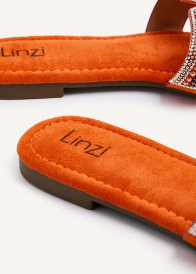 Linzi Indira Orange Suede Aztec Design Embellished Slider Sandal