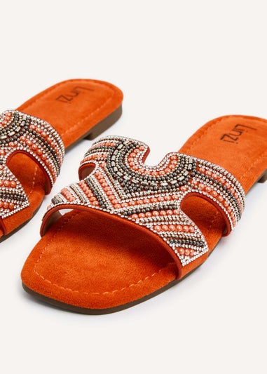 Linzi Indira Orange Suede Aztec Design Embellished Slider Sandal