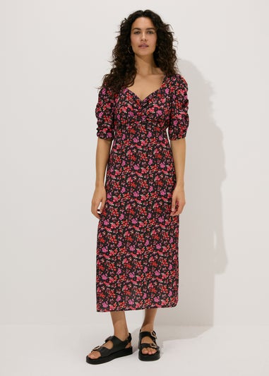 Black Floral Print Ruched Midi Dress