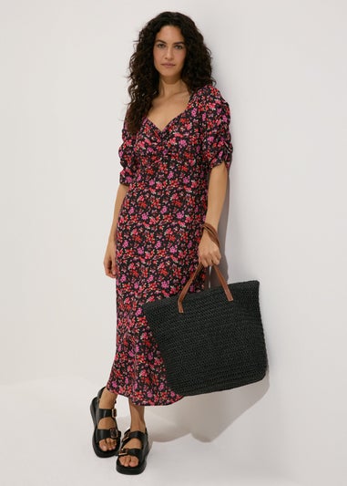 Black Floral Print Ruched Midi Dress