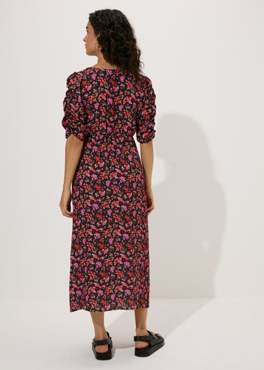 Black Floral Print Ruched Midi Dress