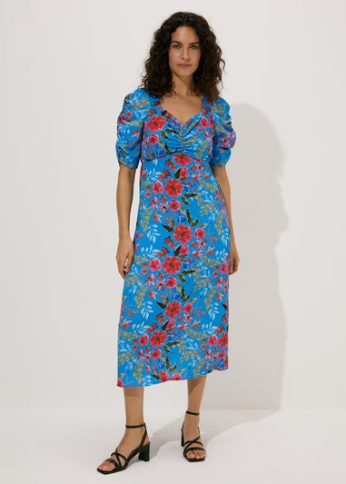 Blue Floral Print Ruched Midi Dress