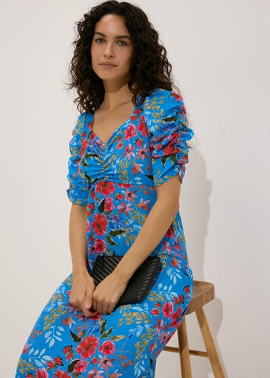 Blue Floral Print Ruched Midi Dress