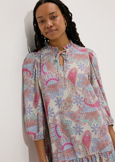 Multicolour Paisley Tie Neck Mini Dress