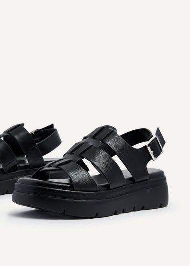 Linzi Boston Black Faux Leather Fisherman Flatform Sandals