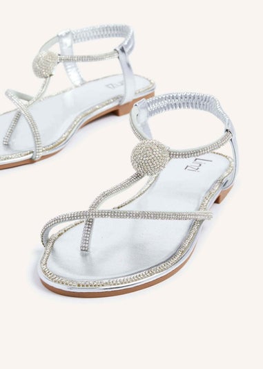 Linzi Lana Silver Faux Leather Diamante Embellished T-Bar Sandal