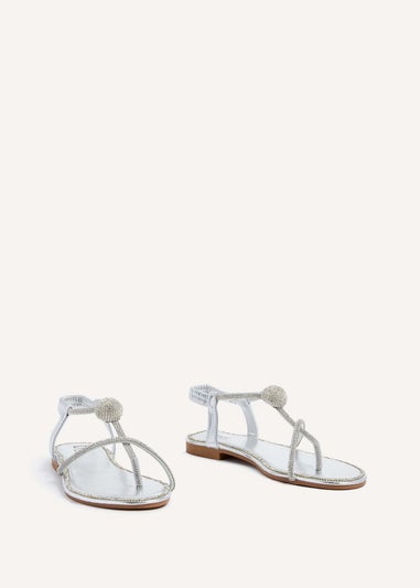 Linzi Lana Silver Faux Leather Diamante Embellished T-Bar Sandal