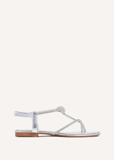 Linzi Lana Silver Faux Leather Diamante Embellished T-Bar Sandal