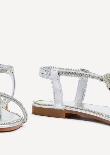 Linzi Lana Silver Faux Leather Diamante Embellished T-Bar Sandal