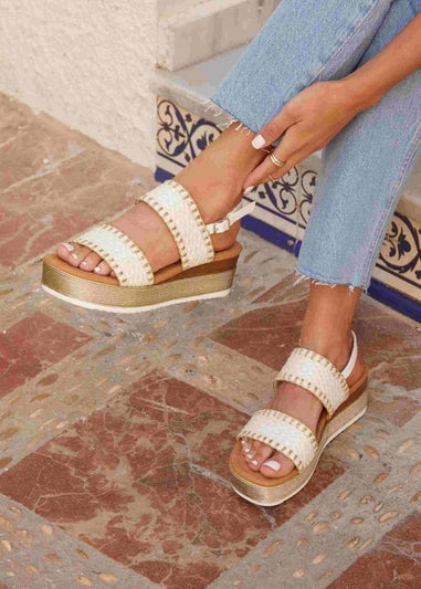 Linzi Willow White & Gold Crochet Inspired Two Part Flatform Sandal