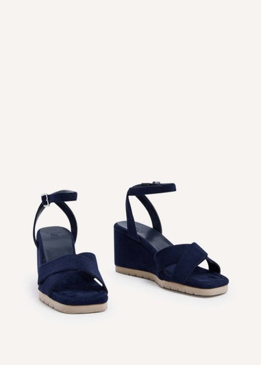 Linzi Imogen Navy Faux Suede Covered Crossover Wedge