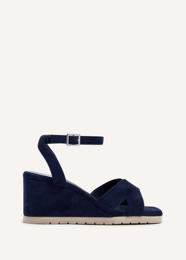 Linzi Imogen Navy Faux Suede Covered Crossover Wedge