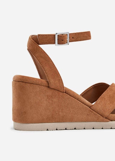 Linzi Imogen Tan Faux Suede Covered Crossover Wedge