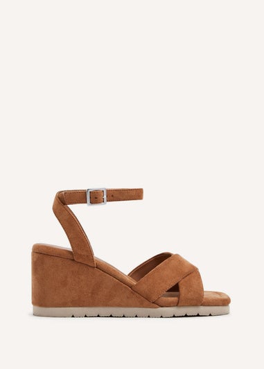 Linzi Imogen Tan Faux Suede Covered Crossover Wedge