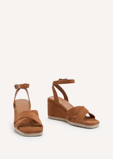 Linzi Imogen Tan Faux Suede Covered Crossover Wedge