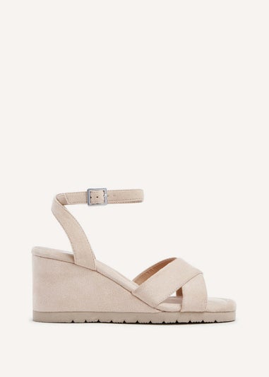 Linzi Imogen Beige Faux Suede Covered Crossover Wedge