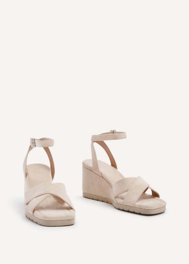 Linzi Imogen Beige Faux Suede Covered Crossover Wedge