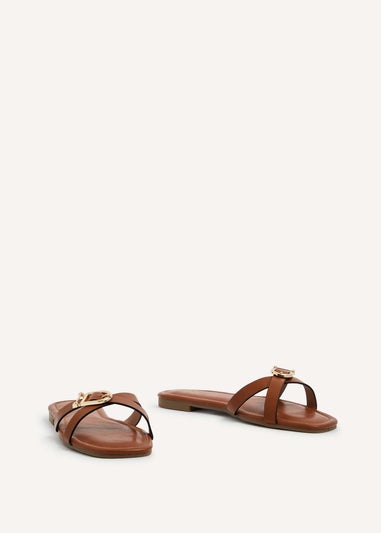 Linzi Yasmin Tan Faux Leather Crossover Slider Sandal