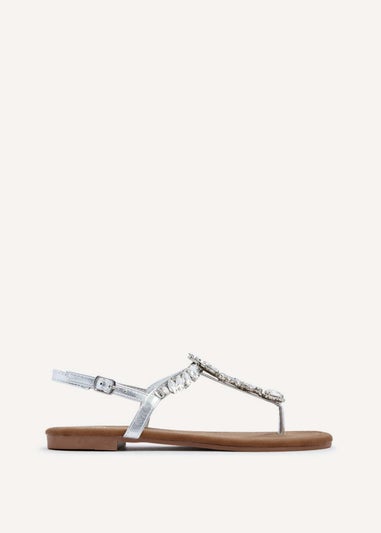 Linzi Viola Silver Flat T Bar Large Diamante Trim Sandal