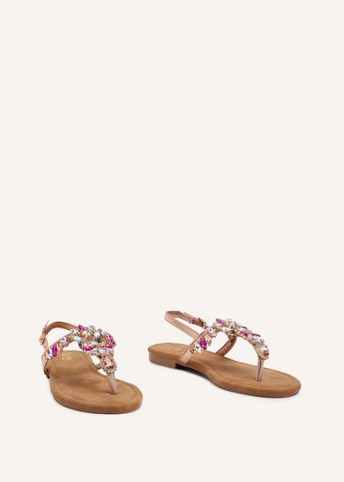 Linzi Viola Rose Gold Flat T Bar Large Diamante Trim Sandal