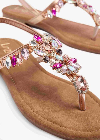 Linzi Viola Rose Gold Flat T Bar Large Diamante Trim Sandal