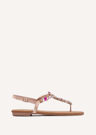 Linzi Viola Rose Gold Flat T Bar Large Diamante Trim Sandal