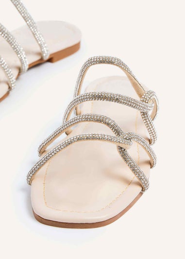 Linzi Serenity Nude Faux Leather Diamante Double Loop Strap Flat Sandal