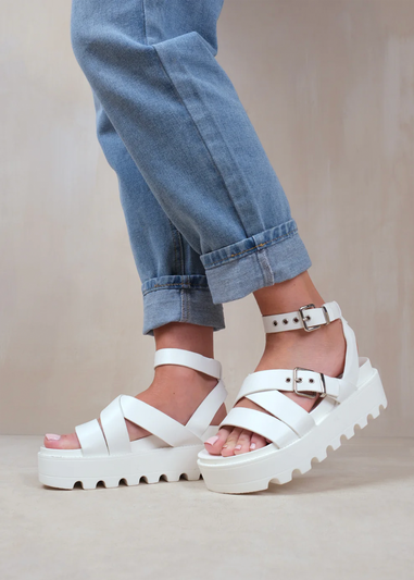 Where's That From Layla White Wide-Fit Buckle Strap Platform Sandals